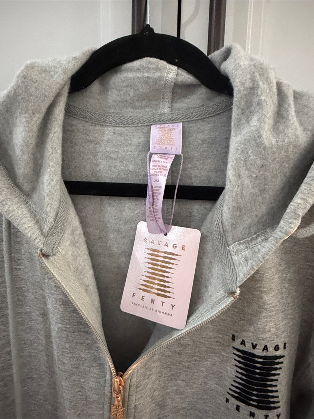 Savage X Fenty Light Gray Zip Hoodie Onesie with Rose Gold Zipper - Picture 2 of 6